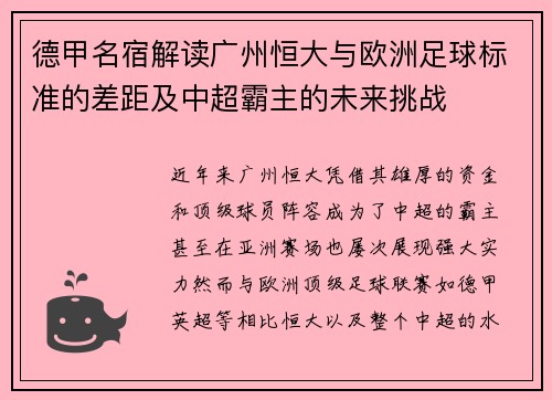 德甲名宿解读广州恒大与欧洲足球标准的差距及中超霸主的未来挑战