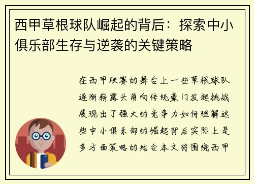 西甲草根球队崛起的背后：探索中小俱乐部生存与逆袭的关键策略