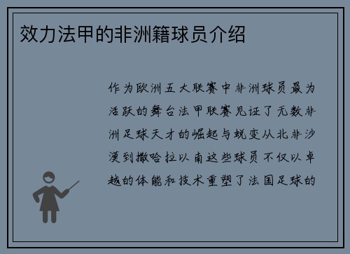 效力法甲的非洲籍球员介绍