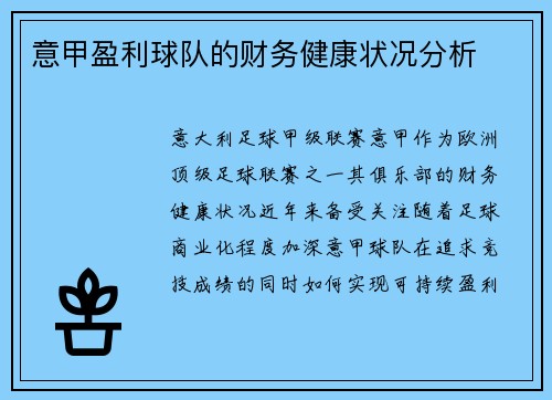 意甲盈利球队的财务健康状况分析